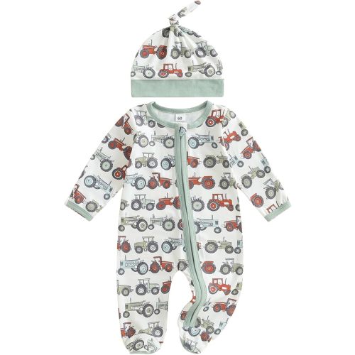 Bagilaanoe Fall Outfit Newborn Baby Boy One Piece Clothes Farm Tractor Long Sleeve Romper Jumpsuit Footie Hat Set