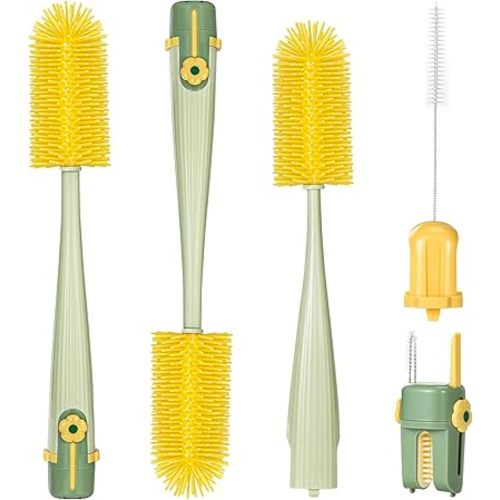 Orzbow 2 Pack Baby Bottle Brush, 5 in 1 Travel Baby Bottle Brush Set, Including Silicone Bottle Cleaner Brush, U-Shaped Rim Brush, Straw Brush, Crevice Brush & Seal Removal Rod, Green