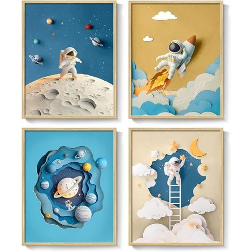 Framed Space Astronaut Wall Art for Nursery Decor, 4 Piece Outer Space Themed Canvas Art Prints Paintings, Planet Rocket Pictures for Bedroom, Kids Room, Baby Room, Boys Room, Bathroom Wall Decor