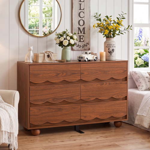 WIRRYTOR 47" Wide Modern 6 Drawer Dresser, Walnut Wave Pattern Double Dressers for Bedroom, Wood Storage Cabinet with Ball Feet, Anti-Tipping