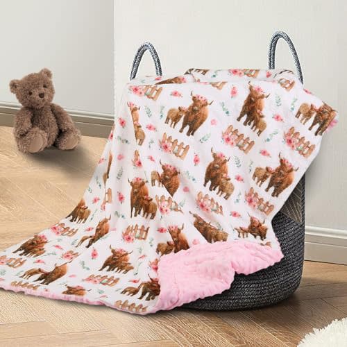 Highland Cow Lovey Baby Blanket for Boys Girls Soft Fleece Minky Blanket with Dotted Backing Double Layer Newborn Toddler Blankie for Nursery Stroller Crib Gift to Son Nephew Grandson 26.5 * 40 Inches
