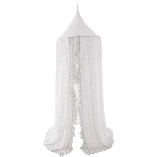 Wonder Space Elegant Kids Bed Canopy - Lace Chiffon Netting with Pom Pom, Princess Girls Fairy Dream Tent, Nursery Room Baby Crib Hanging Curtain Mosquito Net Children Reading Nook Decoration (White)