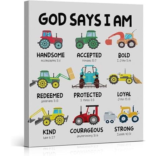 Construction Decor for Boys Room Canvas Wall Art Bible Verse God Says I Am Construction Trucks Poster Print Wall Decor Christian Gifts Painting for Boys Room Bedroom Playroom Decoration