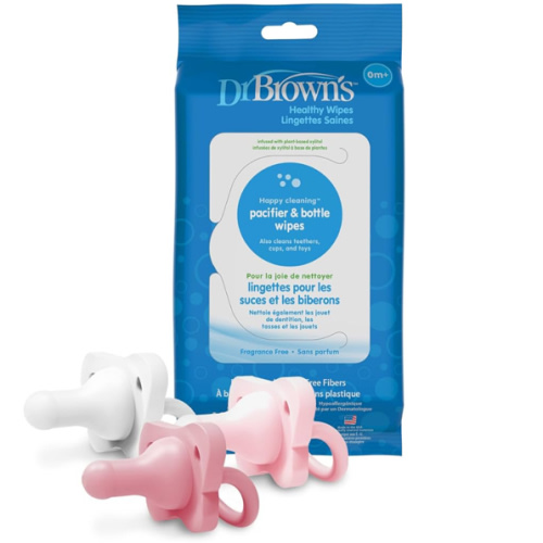 Dr. Brown's HappyPaci 100% Silicone Pacifier 0-6m, BPA Free, White, Pink, Light Pink, 3 Pack and Pacifier and Bottle Wipes, 40 Count