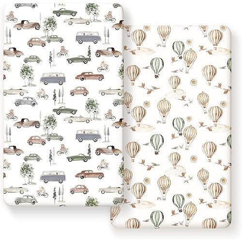 Stretch Ultra Soft Jersey Knit Fitted Crib Sheets Set 2 Pack，Fit All Standard Crib Mattress Pads Safe and Snug, Crib Fitted Sheet for Boys and Girls, Stylish Cars Print Kids Sheets for Boys