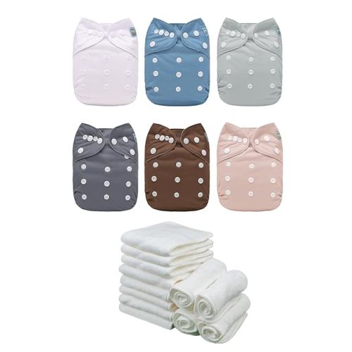 ALVABABY Baby Cloth Diaper 6 Pack with 12 Inserts One Size Cloth Diaper Covers Adjustable Washable Reusable for Baby Girls and Boys 6BM110