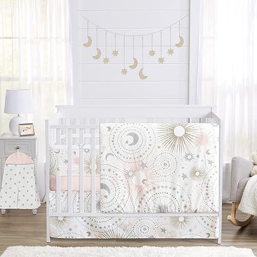 Sweet Jojo Designs Blush Pink Gold Star and Moon Girl Baby Crib Bedding Set Infant Nursery BreathableBaby Breathable Mesh Crib Liner Blanket Sheet Skirt 6 PC Grey Celestial Sky Stars Gray Shabby Chic