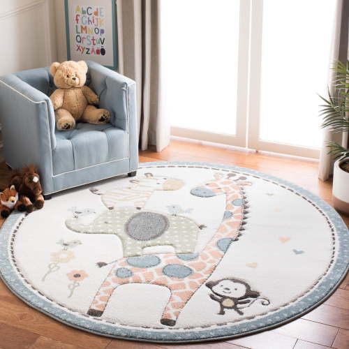 SAFAVIEH Carousel Kids Taneka Animals at Play Area Rug, Ivory, 4' x 4' Round