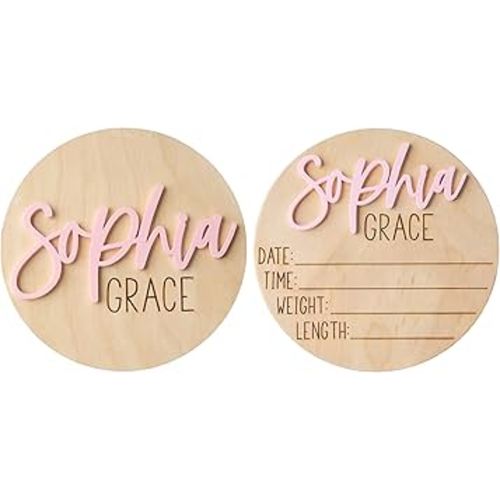 Personalized Newborn Announcement Sign for Hospital - Wooden Birth Announcement Sign for Hospital - Baby Name Announcement Sign - Baby Milestone Signs - Boy Girl - Double Sided CIRCLE
