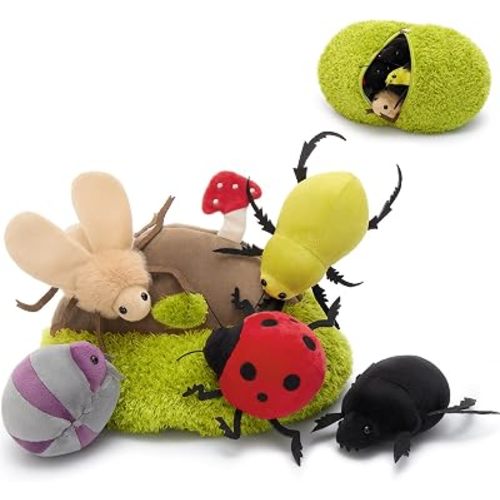 6Pcs Bug Plush Set, 5 Beetle Stuffed Animals with Dirt Mound,12"