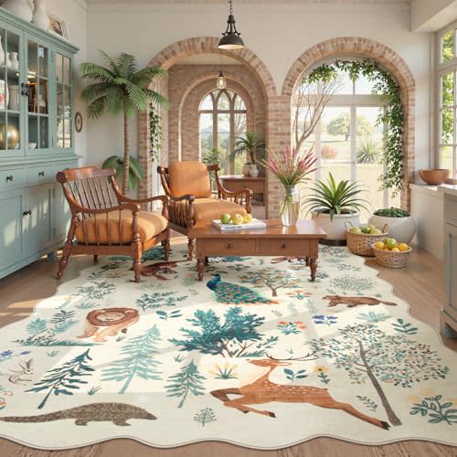 Yuemasi Jungle Living Room Rug 8x10, Washable Non Slip Large Nursery Rug Beige Ultra-Thin Soft Bedroom Carpet, Animal Print Indoor Neutral Carpet for Dining Room Playroom (Beige, 8'x10')