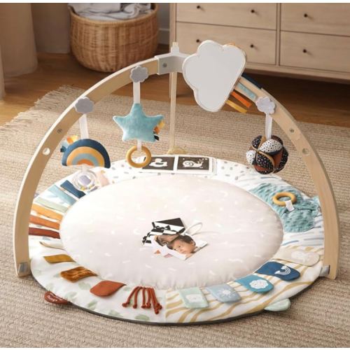 Blissful Diary Baby Play Gym & Activity Mat, 5 Developmental Zones Wooden Tummy Time Mat with 5 Detachable Sensory Toys for Motor Skills & Sensory Development, Baby Essentials Shower Gift
