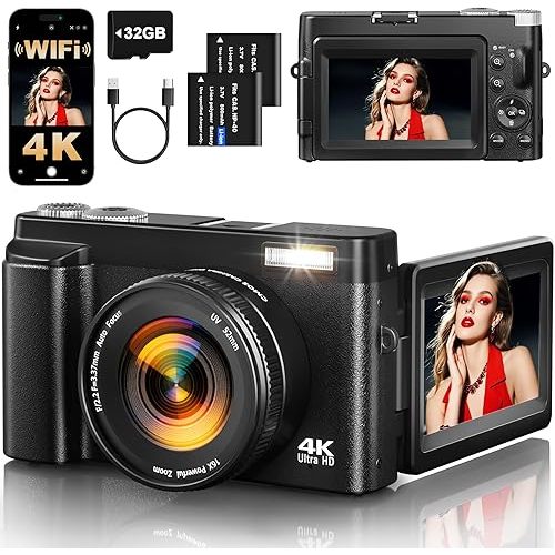 4K Digital Camera for Photography, 64MP Autofocus WiFi Vlogging Camera for YouTube with 3'' 180° Flip Screen,Travel Camera with SD Card, Point and Shoot Digital Camera 16X Zoom, UV Filter,2 Batteries