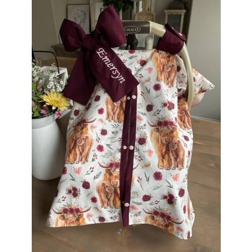 Baby Car Seat Cover for Girls - Highland COWS in Maroon - All Cotton or Minky - Baby Girl - Shower Gift