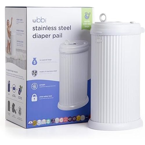 Ubbi Fluted Stainless Steel Diaper Pail, Odor Locking, No Special Bag Required, Award-Winning, Registry Must-Have, White