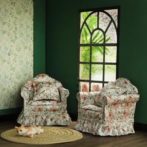 iLAND Dollhouse Furniture of Dollhouse Couch Set, Elegant Rose Pleated Single Sofas 2Pcs w/Cushions, Doll House Accessories and Furniture Miniature Living Room Decor fit 4-6" Doll Action Figure