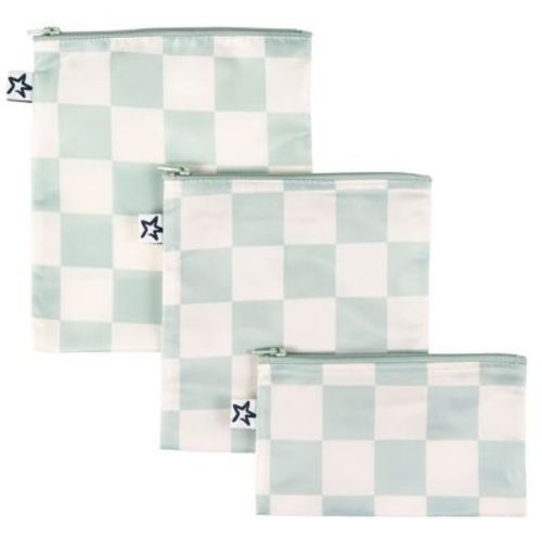 Tiny Twinkle Reusable Snack Bags, Machine Washable, BPA-Free for Baby and Toddler Food (3-Pack, Sage Checkers)