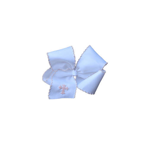 Scalloped Edge Grosgrain Bow with Embroidered Cross White/Pink