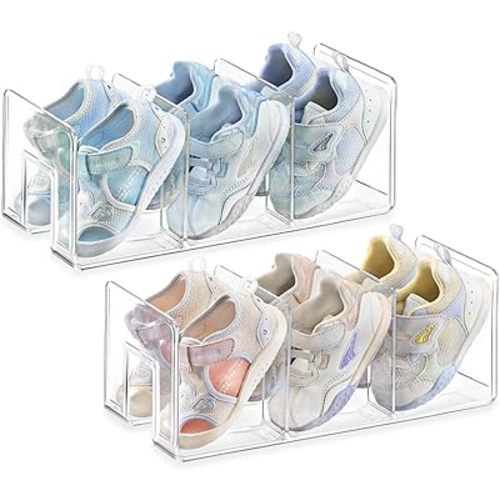 HBlife Widened 4.17 Inch Clear Acrylic Kids Shoe Rack for Closet Organizers and Storage, Small Shoe Rack 3 Sections Toddler Baby Shoe Storage Organizer Shelf, Desk File Book Purse Organizer(2 Pack)