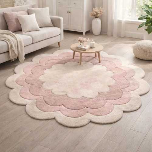 Handmade Scalloped Flower Rug, Pink Round Area Carpet for Aesthetic Living Room, Floral Nursery Rug, Cute Girly Bedroom Decor, Tufted Rug,