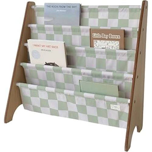 3 Sprouts Recycled Fabric Kids Bookshelf – 4-Tier Sling Book Rack Organizer - Nursery Room Playroom Classroom Wooden Book Shelves - Kid Bookcase Wood Storage Shelf for Toddler Age 3+ - Checkered Green