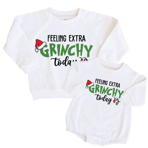 Feeling Extra Grinchy Kid Sweatshirt & Sweatshirt Bubble Romper | White