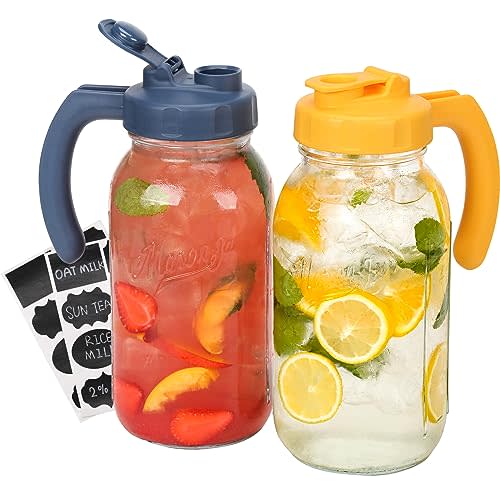 SOLIGT 2 Quart Glass Mason Jar Pitchers with Lids, Navy & Yellow, 2 Pack | 64oz Wide Mouth Flip Cap Pour Spout Leak-proof Lids with Handle, 1.9 Liter per Jar, for Sun Tea/ Juice/Cold Brew/Milk