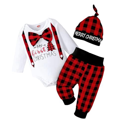 Aenbilo My 1st Christmas Oufit Christmas Baby Boy Outfit Baby Boy Clothes Infant Romper Red Plaid Pants Hat 3Pcs 0-18 Months
