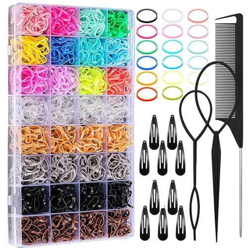 Auroray 32 Colors Small Hair Rubber Bands with 16 Styling Tools, 2000 Pcs Elastic Girl Baby Hair Ties, Mini Bands with Elastic Cutter, Hair Accessories Xmas Stuff for Girls Baby Toddlers Kids