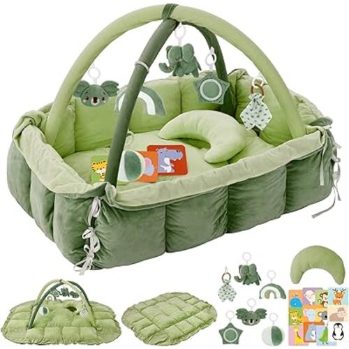 5-in-1 Plush Baby Play Gym & Activity Mat, Baby Play Mats, Baby Gym with Convertible Design, Tummy Time Mat with Pillow, 6 Sensory Toys for Newborn to Toddler, Green