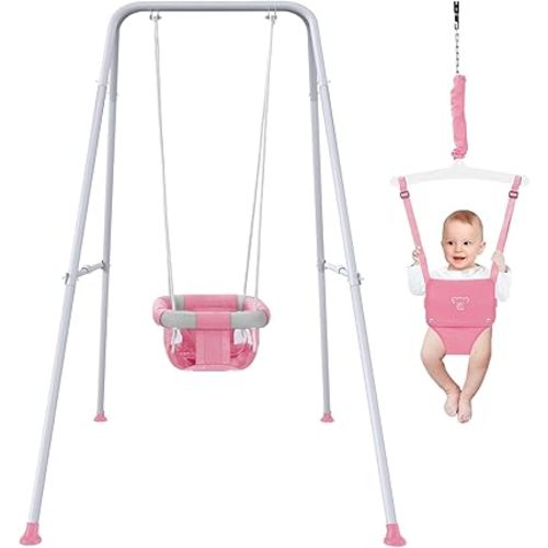 2 in 1 Baby Jumper with Swing - Indoor and Outdoor Use, Toddler Swing with Foldable Stand （Pink）