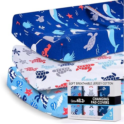 GROW WILD Changing Pad Cover 3 Pack | Soft & Stretchy Jersey Cotton | Baby Changing Table Pad Cover | Diaper Changing Pad Covers for Girls and Boys (Ocean & Under the Sea)