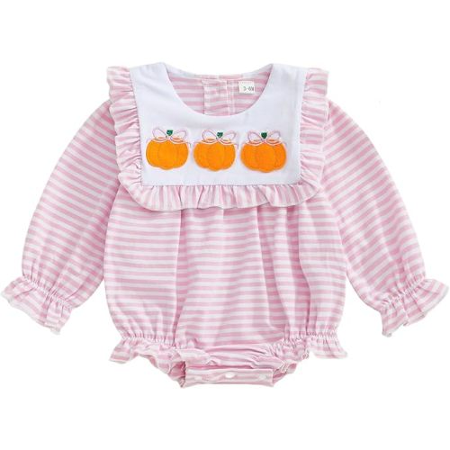 Baby Girl Halloween Thanksgiving Outfit Pumpkin Embroidery Striped Ruffle Long Sleeve Bubble Romper Fall Clothes