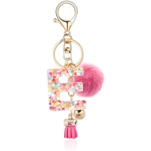Resin Alphabet Initial Letter Keychain Keyring for Women Purse Handbags With Fur Ball Pom