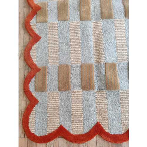 Tufted Wool Area Rug 7x9 | Scalloped Edge Modern Rug | Handmade Wool Carpet | Blue Beige Checkered Rug Contemporary  Carpet