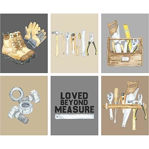 Silly Goose Gifts Loved Beyond Measure - Tools Construction Themed Wall Art Print Hanging Pictures Home Decor Nursery Den Office Room Bedroom (Set of Six) 8x10