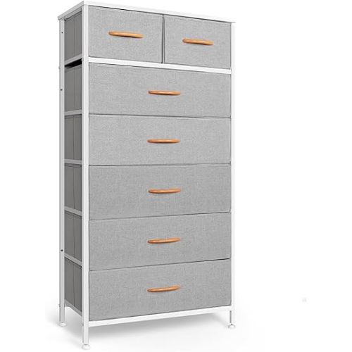Mifuro Tall Dresser for Bedroom, Vertical Storage Organizer Tower with 7 Drawers, Chest of Drawers with Fabric Bins, Steel Frame, Wood Top for Bedroom, Closet, Entryway- Light Grey