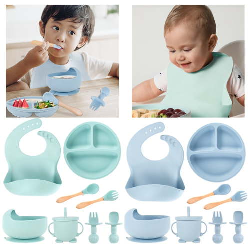 8pcs Silicone Baby Feeding Set Soft Baby Weaning Supplies Cute Self Feeding Eating Utensils Set with Divided Suction Plate Bib Bowl Fork Spoon Sippy Cup Dishwasher Safe for Baby - Walmart.ca