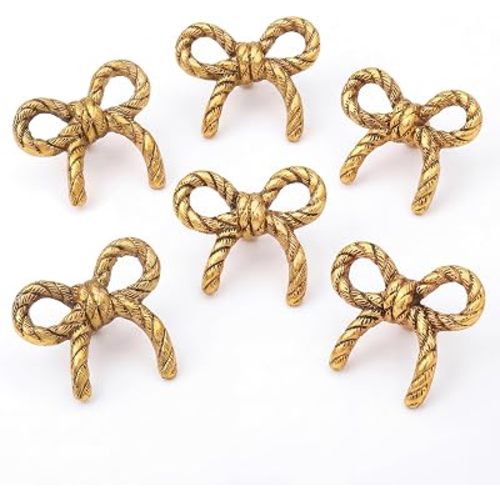 Indian Shelf 6 Pieces Metal Gold Bow Drawer Knobs for Kitchen Robe Cabinet Hardware Nursery Door Decorative Tie Kids Dresser Knobs Pulls Premium Vintage Knob