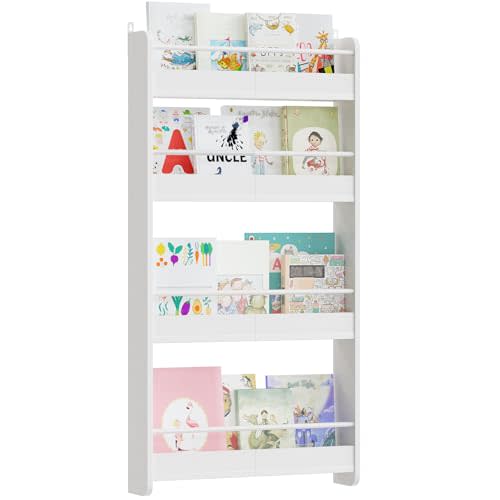 Kids Bookshelf, 4-Tier Wall Mount Bookshelf for Kids, Wooden Nursery Bookshelves, Hanging Book Shelf for Kid Room, Playroom, Bedroom, Living Room, White BKBW7601N1