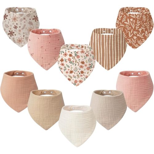 Tunnkit Muslin Baby Bibs, 10 Pack Triangular Bibs for Girls and Boys, Extra Absorbent Baby Bandana Drool Bibs for Newborn and Infants, Baby Essentials for Teething and Drooling