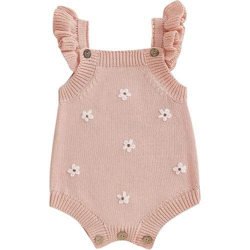 Infant Baby Girl Summer Sleeveless Strap Bubble Romper One Piece Newborn Knitted Floral Bodysuit Outfit