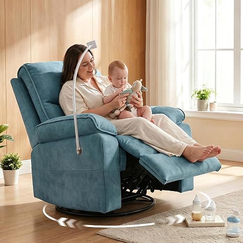 360° Swivel Glider Rocking Chair Nursery， Oversized Recliner with Phone Holder，Nursing Chairs for Breastfeeding with Wide Foot Rest for Living Room and Baby Room,Blue