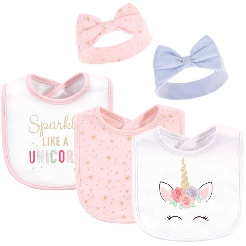 Little Treasure Baby Girl Cotton Bib and Headband Set 5pk, Unicorn, One Size - Unicorn - One Size
