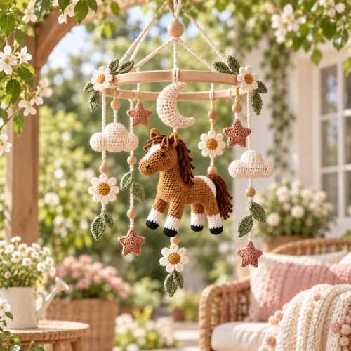Crochet Horse Baby Mobile, Floral Crib Mobile, Moon & Stars Nursery Decor, Boho Baby Girl Shower Gift