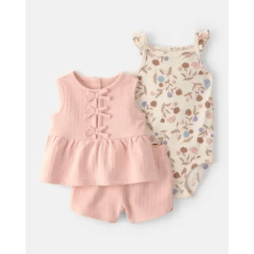 Baby Girl 3-Piece Floral Top, Bodysuit & Short Set - Pink/Cream | Carter's
