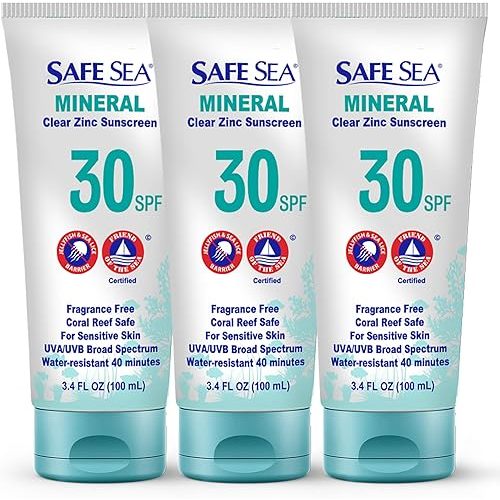 Safe Sea Zinc Oxide Sunscreen SPF30 | Clear Mineral Face And Body Reef Safe Sunscreen Without White Cast | Anti-Jellyfish Sting Protective Lotion | 3.4Oz (100ml) (3 Pack)