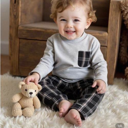 SHEIN Playful Pals Baby Boy Gray Crew Neck Long Sleeve Top & Dark Plaid Pants Set, Minimalist Style & Neat Tailoring, Suitable For Outdoor, Daily & Casual Wear Fall Winter | SHEIN USA