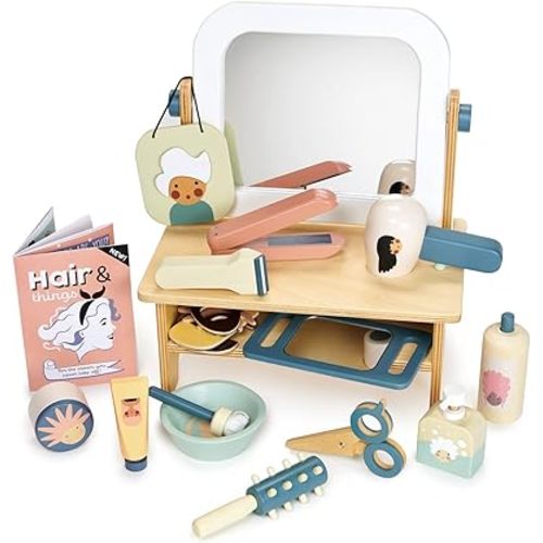 Tender Leaf Toys - Hair Salon - 21 Piece Pretend Play Wooden Hair Cutting Kit, Hairdresser Kit, Hair Styling Set with Tilting Mirror - Encourages Role-Play, Story Invention in Boys and Girls - Age 3+