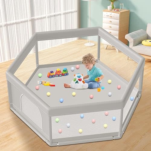 Hiaksedt Large Baby Playpen 65x65 Inch, PlayPen for Babies and Toddlers Hexagonal Type Baby Play Yards for Indoor & Outdoor with Breathable Mesh Anti-Fall